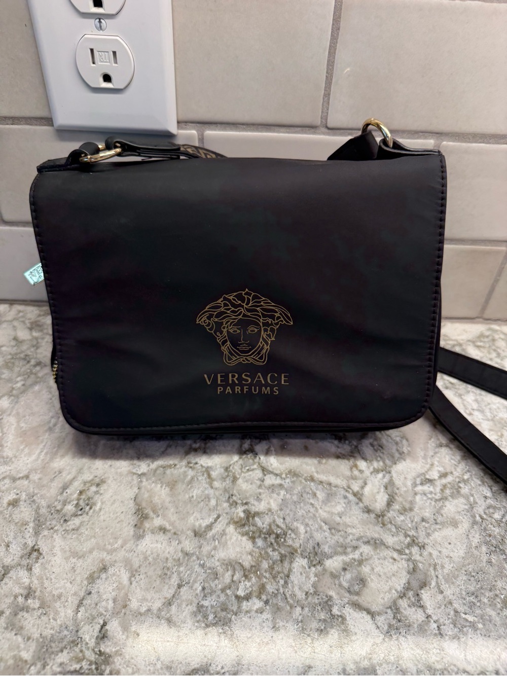 Versace Parfums Crossbody Bag Womens Small Black PU Medusa Logo Strap Gold Purse